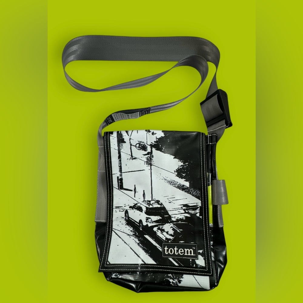 Totem Upcycled Satchel Messenger Bag City Crossbody Black White Green